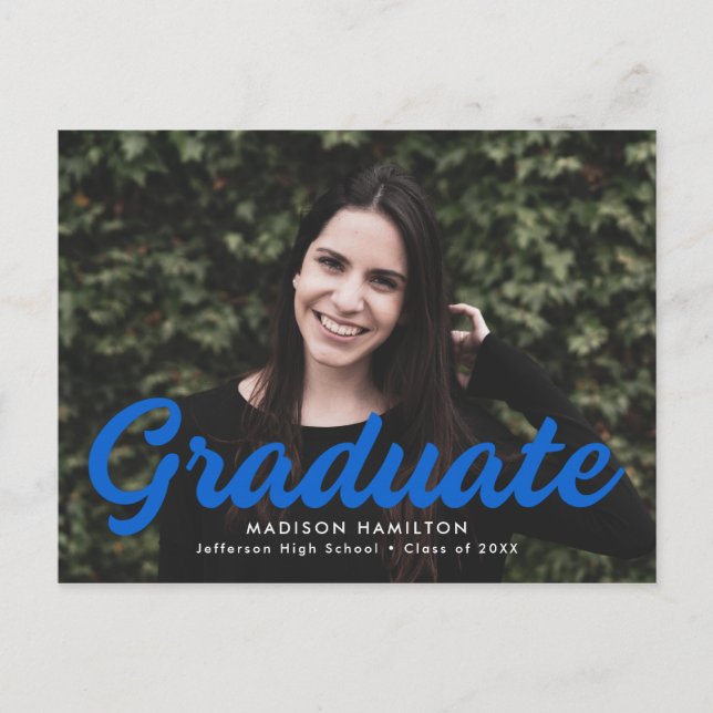 Bold Blue Script Photo Graduation Party Invitation Postcard (Front)