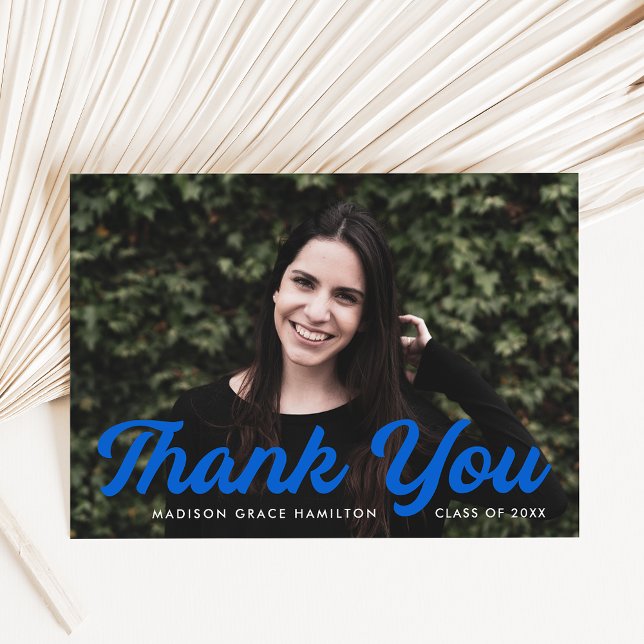 Bold Blue Script Photo Graduation Thank You Card (Creator Uploaded)