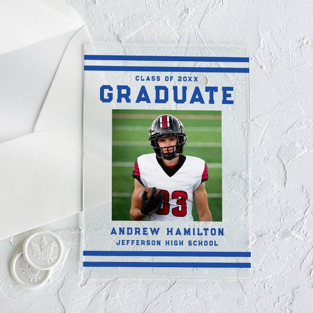 Bold Blue Stripes Athletic Photo Graduation Acrylic Invitations (Creator Uploaded)