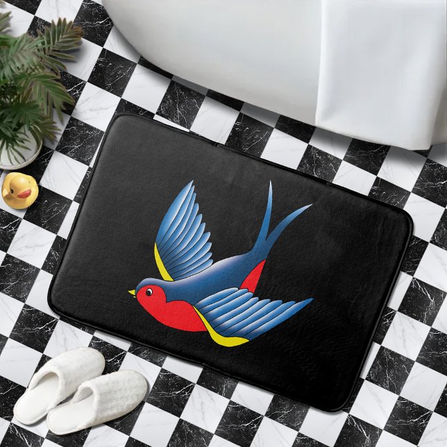 Bold Blue Traditional Swallow Bird Tattoo Style Bath Mat (Creator Uploaded)