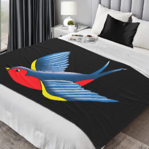 Bold Blue Traditional Swallow Bird Tattoo Style Fleece Blanket
