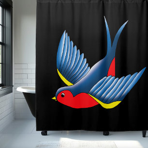 Bold Blue Traditional Swallow Bird Tattoo Style Shower Curtain