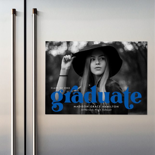 Bold Blue Typography Photo Graduation Magnetic Invitation (Creator Uploaded)