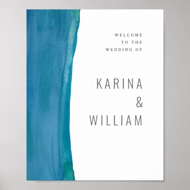 Bold blue watercolor wave wedding poster (Front)