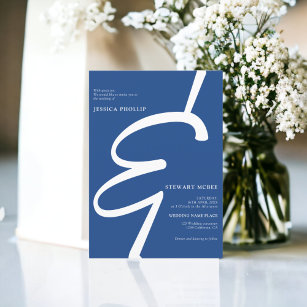 Bold blue white all in one calligraphy wedding invitation