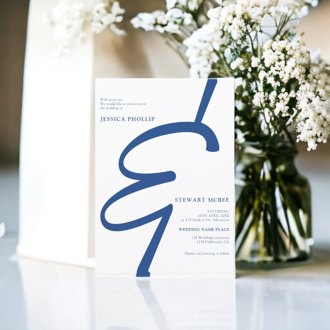 Bold blue white all in one calligraphy wedding invitation (Bold blue white all in one calligraphy wedding invitation)