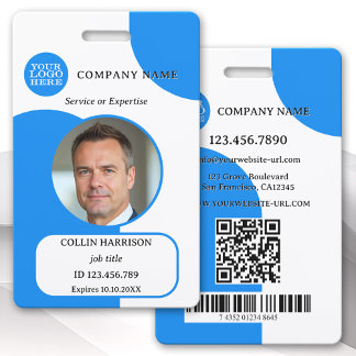 Bold Blue White Retro Photo ID Badge