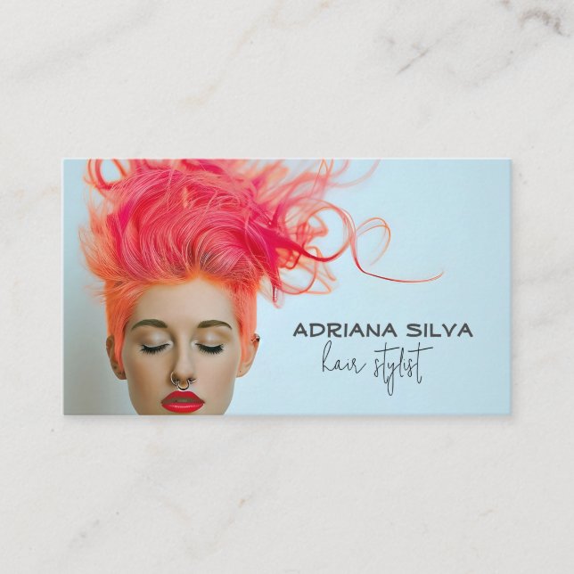 Bold blue with Pink Hair  for hair Stylist  Business Card (Front)