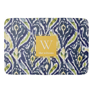 Bold Blue Yellow Abstract Classy Ikat Monogram Bath Mat