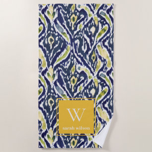 Bold Blue Yellow Abstract Classy Ikat Monogram Beach Towel