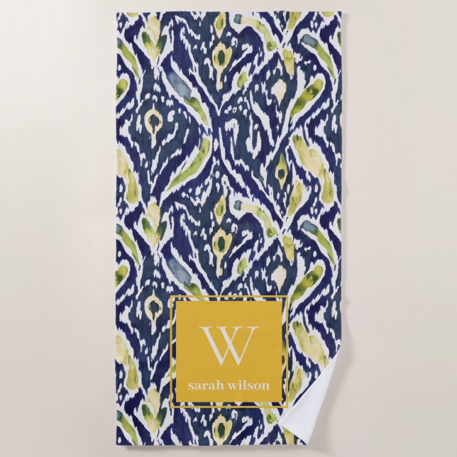 Bold Blue Yellow Abstract Classy Ikat Monogram Beach Towel (Front)