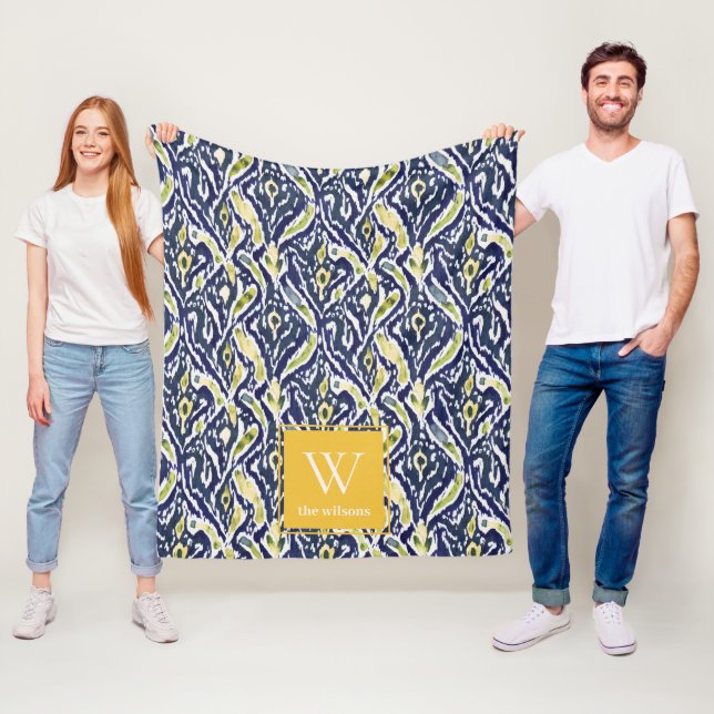 Bold Blue Yellow Abstract Classy Ikat Monogram Fleece Blanket (In Situ)