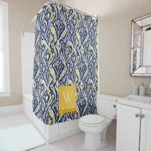 Bold Blue Yellow Abstract Classy Ikat Monogram Shower Curtain