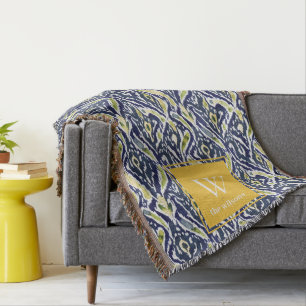 Bold Blue Yellow Abstract Classy Ikat Monogram Throw Blanket