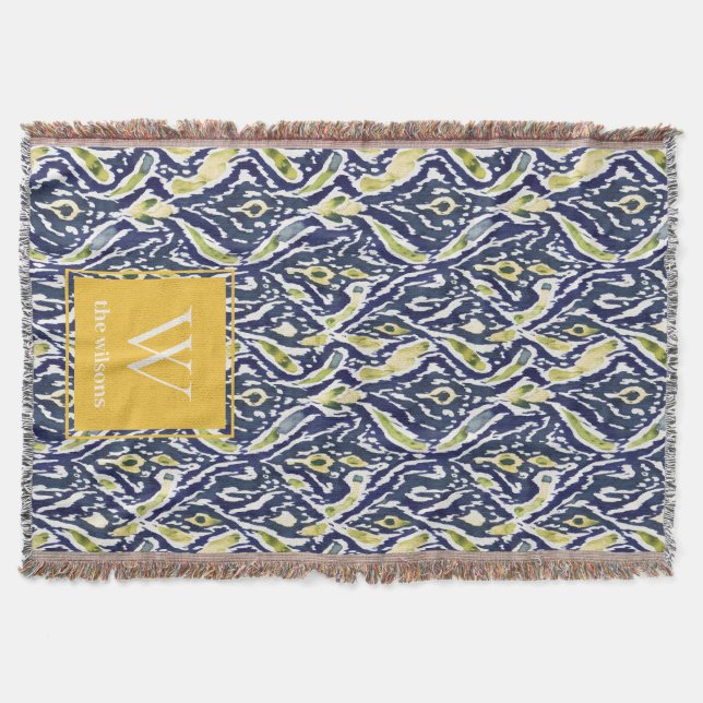 Bold Blue Yellow Abstract Classy Ikat Monogram Throw Blanket (Front)