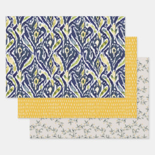 Bold Blue Yellow Abstract Classy Ikat Pattern Wrapping Paper Sheet