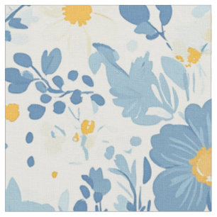 Bold Blue Yellow Cottage Garden Floral Pattern Fabric