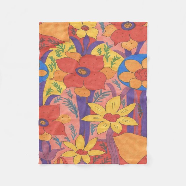 Bold Bohemian Orange Garden Print Fleece Blanket (Front)