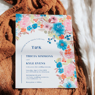 Bold Boho blue pink wild floral arch wedding Invitation