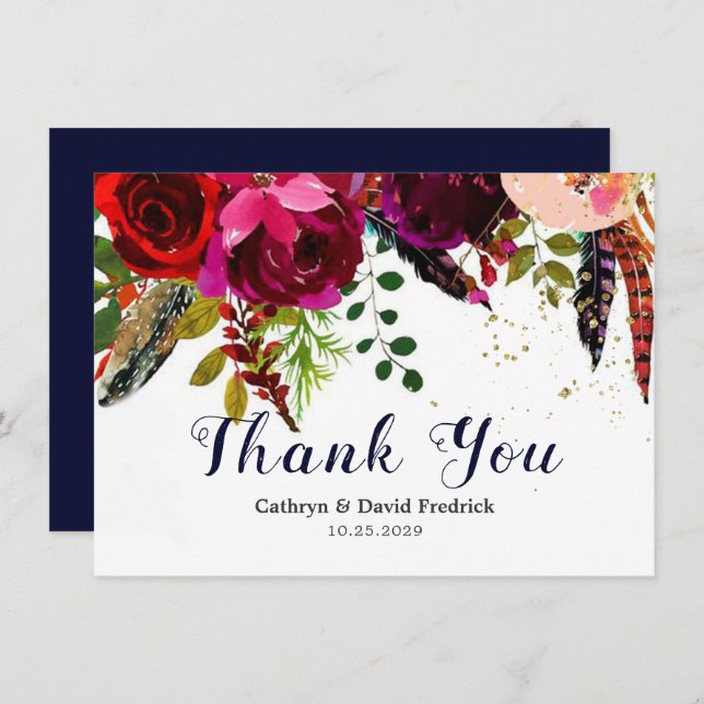 Bold Boho Burgundy Navy Floral Wedding Flat Thank You Card (Front/Back)