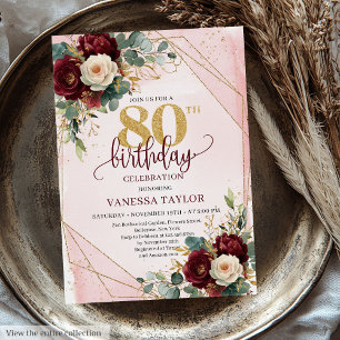 Bold Boho Deep Red Gold Flowers 80th Birthday  Invitation