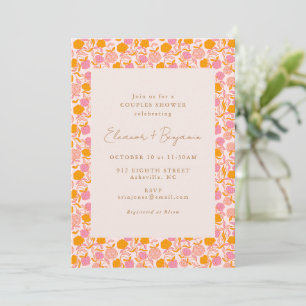 Bold Boho Pink Orange Retro Floral Couples Shower Invitation