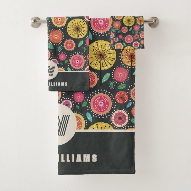 Bold Boho Scandi Folk Floral Custom Monogram  Bath Towel Set (Insitu)