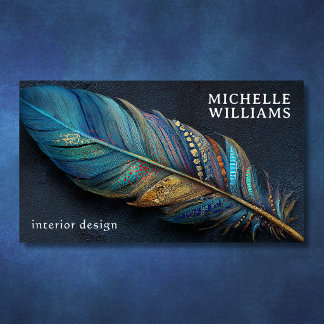 Bold Boho Teal Blue Gold Feather Artistic Design Business Card
