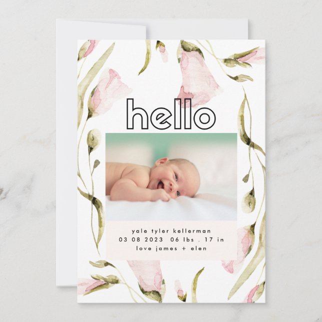 bold boho wildflower pink girl hello baby birth announcement (Front)