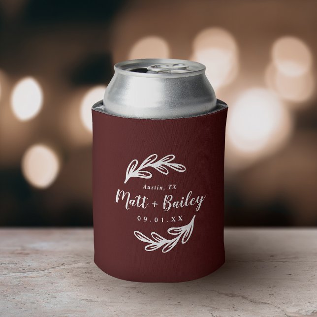 Bold Branch Wedding Monogram | Burgundy Can Cooler (Creator Uploaded)