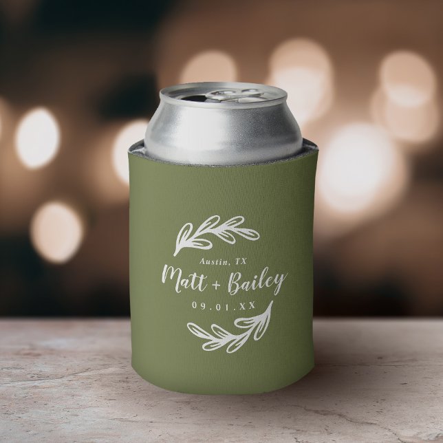 Bold Branch Wedding Monogram | Olive Green Can Cooler (Creator Uploaded)