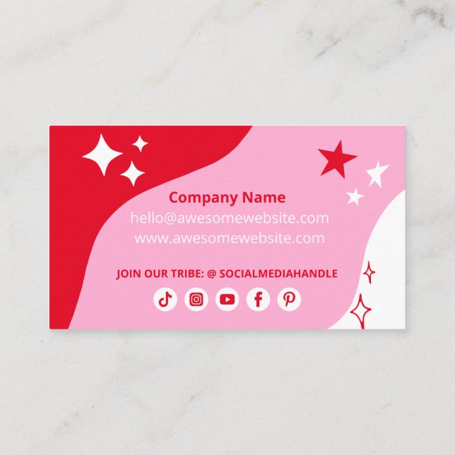 Bold Branded Pink Red White Stars Business Logo Business Card (Back)