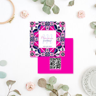 Bold bright colorful unique pink folk modern qr square business card