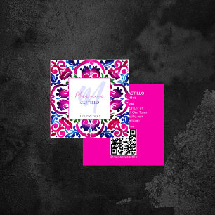 Bold bright colorful unique pink template qr square business card