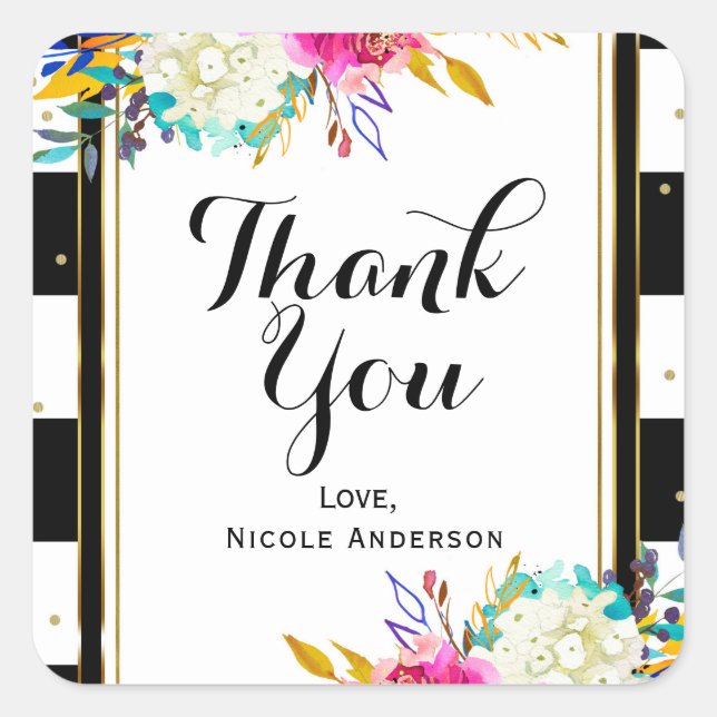 Bold Bright Colourful Floral Black & White Stripes Square Sticker (Front)