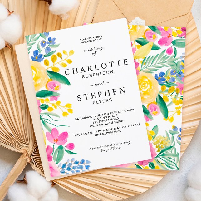 Bold bright country floral watercolor wedding invitation (Creator Uploaded)