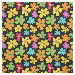 Bold Bright Flowers Pattern on Black Fabric