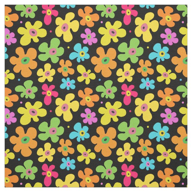Bold Bright Flowers Pattern on Black Fabric (Swatch)