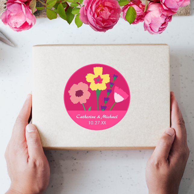 Bold & Bright Fuchsia Pink Colourful Floral Weddin Classic Round Sticker (Creator Uploaded)