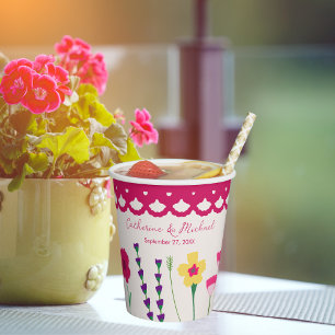 Bold & Bright Fuchsia Pink Colourful Floral Weddin Paper Cups