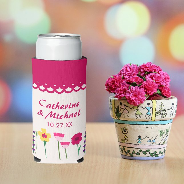 Bold & Bright Fuchsia Pink Colourful Floral Weddin Seltzer Can Cooler (Creator Uploaded)