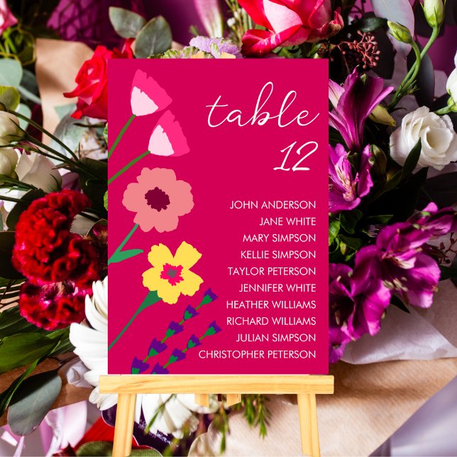 Bold & Bright Fuchsia Pink Colourful Floral Weddin Table Number (Creator Uploaded)
