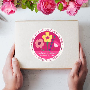Bold & Bright Fuchsia Pink Floral Save The Date Classic Round Sticker