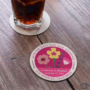 Bold & Bright Fuchsia Pink Floral Save The Date Round Paper Coaster