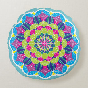 Bold Bright Funky Neon Mandala Round Cushion