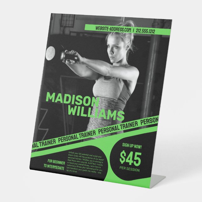 Bold Bright Green Personal Trainer Photo Pedestal Sign (Front)