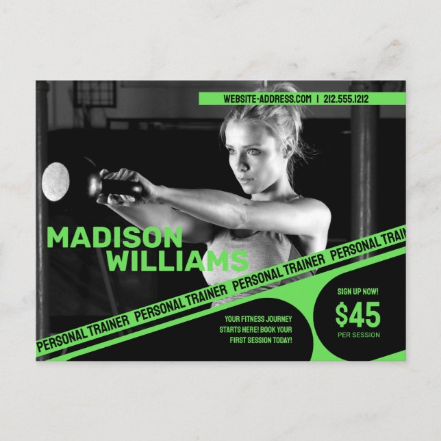 Bold Bright Green Personal Trainer Photo Postcard (Front)