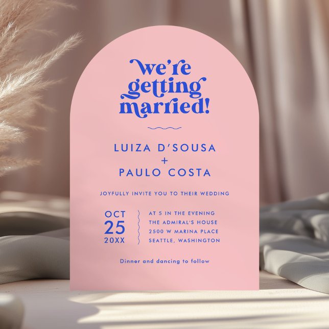 Bold Bright Modern Pink + Blue Wedding  Invitation (bold, bright and modern wedding invitation in pink and blue in arch shape)