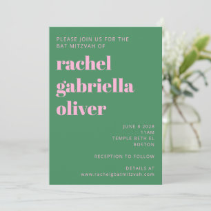 Bold Bright Modern Pink Green Simple Bat Mitzvah Invitation