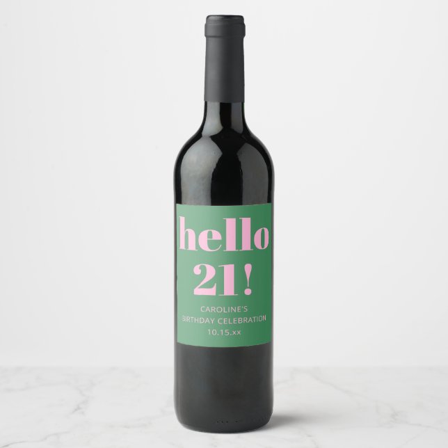 Bold Bright Modern Retro Pink Green 21st Birthday Wine Label (Front)